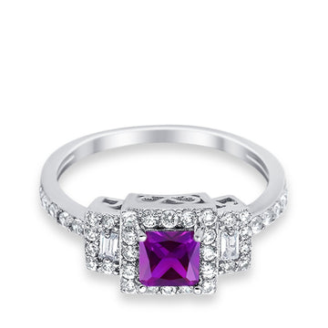 Halo Wedding Ring Baguette Simulated Amethyst CZ 925 Sterling Silver